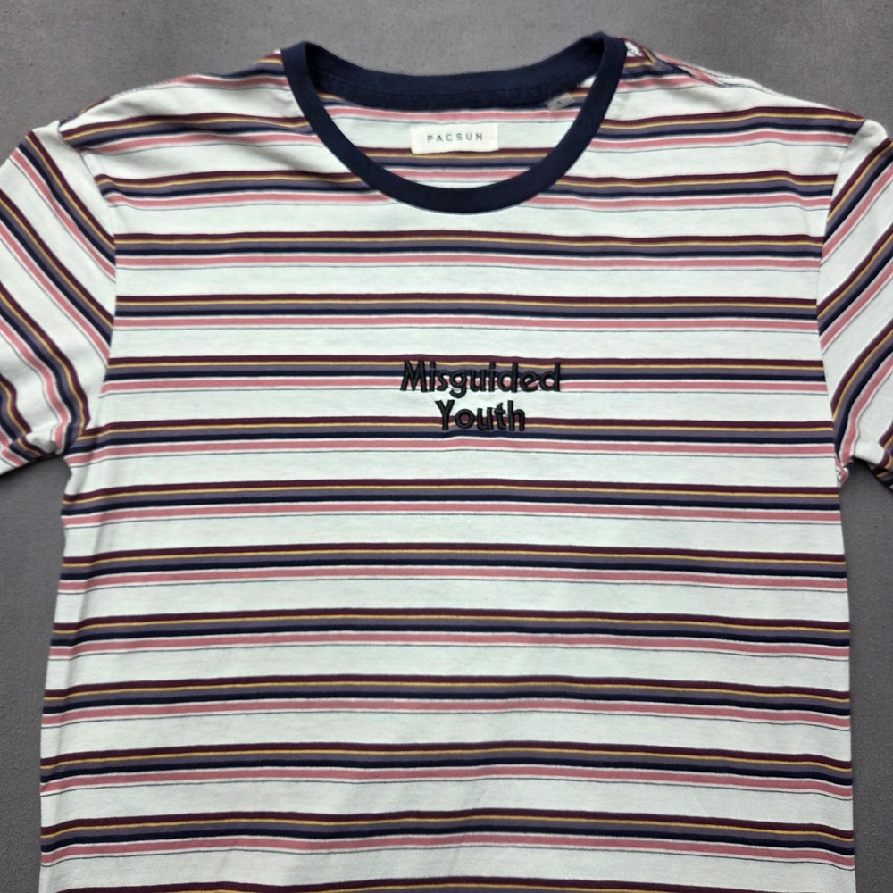 PacSun Misguided Youth Striped Ringer T-Shirt Mens Small Multi-Color Embroidered